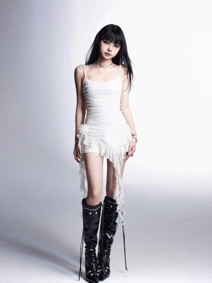 White Asymmetrical Ruffled Cami Dress Mini Hem Glamorous