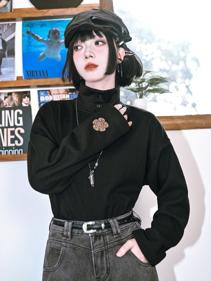 Long Sleeve Partial Placket - Gothic Black Neck Button Top Mock with Design