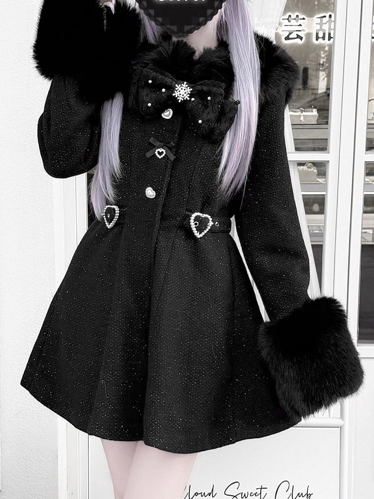 Faux Fur Detachable Coat Waisted Kei Black/Beige Collar with and Cuffs Jirai