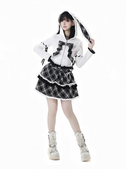 Schnürung, Spitzenbesatz, Hasenohren, weiß/schwarzes Design, Kapuze, Reißverschluss, Kapuzenärmel, abnehmbar