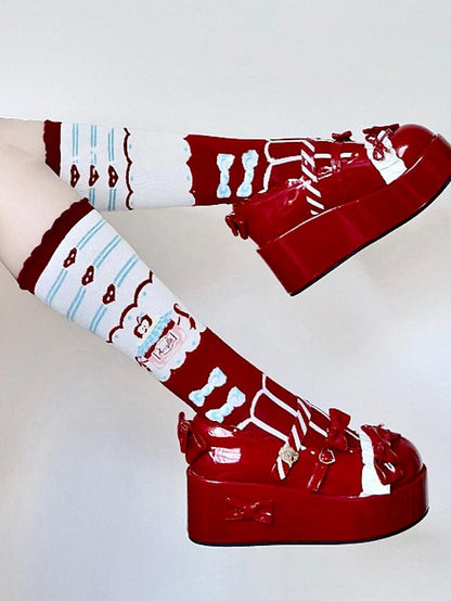 Lolita Bowknot Kalbsdruck Glas Apfel Rot Gestreifte Herz Honig Muster Socken