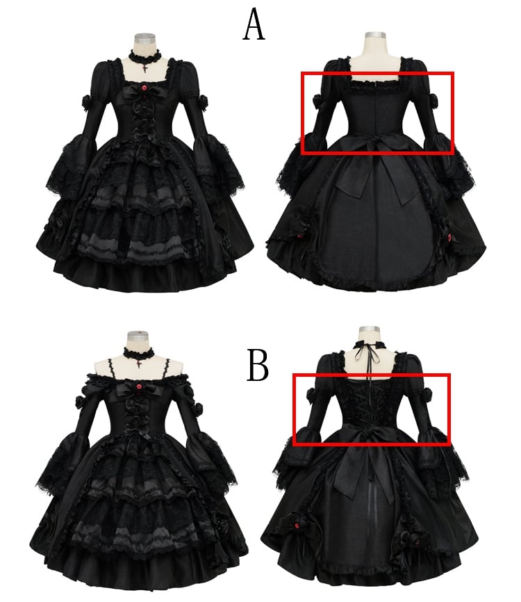 Kuro Drawstring Dress Bell Sleeves Skirt Gothic Black Bowknot Lolita Details and Layered