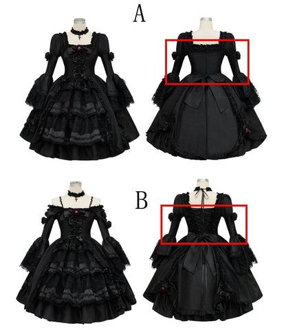 Kuro Kordelzugkleid Glockenärmel Rock Gothic Schwarz Bowknot Lolita Details und Lagen