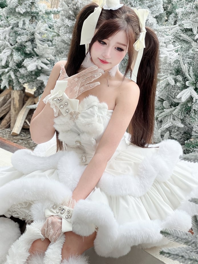 White Snowflake Bows Decorated Bodice Winter Plush Trimming Strapless Dress