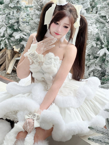 White Snowflake Bow-Adorned Bodice Winter Plush Strapless Dress - Diamond Honey