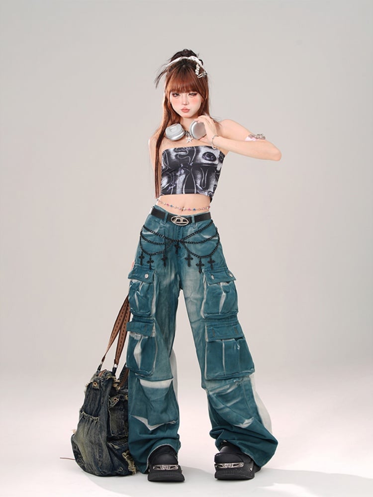 Dunkelblaue High Street Jeans mit weitem Bein und Cargotaschen