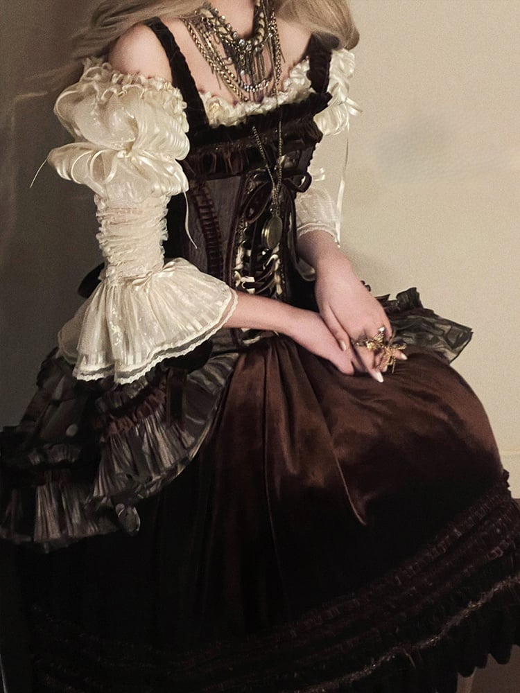 Gothic Dress Brown Pearl Shell Ruffled with Overlay Lolita Print