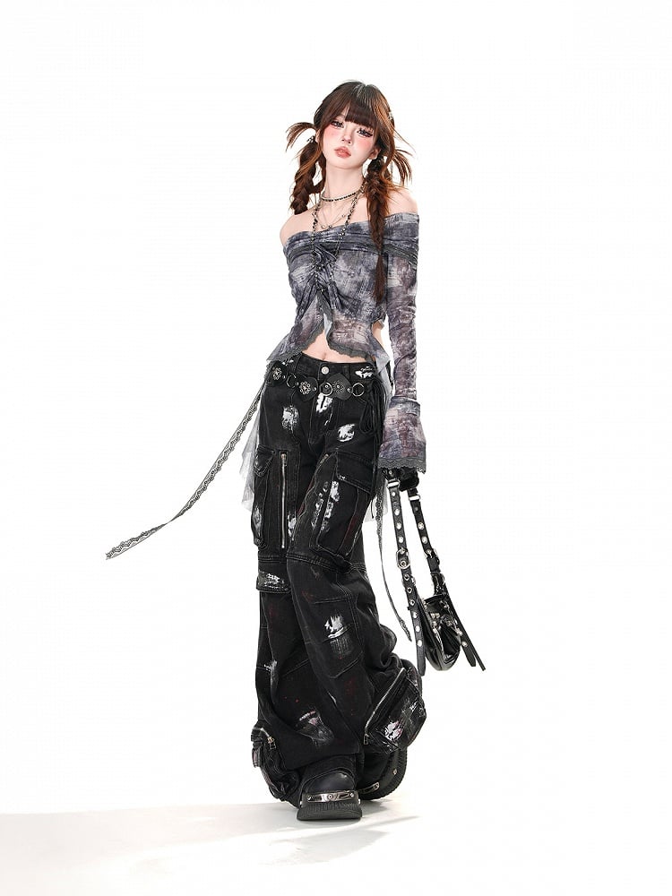 Lila/Graues, schulterfreies Top mit Kordelzug