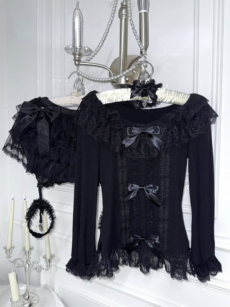 Autumn Dark Fashion Long-Sleeve Top with Black Lace & Bow Decor Plus Matching Choker - HBreaker