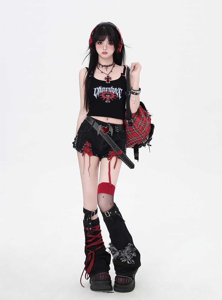 with Black Butterfly Applique Warmers and Red Lace-up Details Hem Denim Shorts Leg