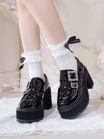- Platform Rhinestone Kei Jirai Loafers Heel Black Strap Block Buckles High Polished Crisscross Detail