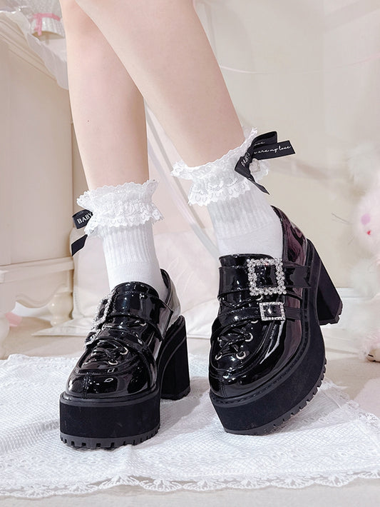 - Platform Rhinestone Kei Jirai Loafers Heel Black Strap Block Buckles High Polished Crisscross Detail