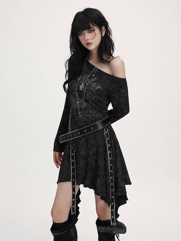 Equestrian with Handkerchief Neckline Asymmetrical Belt Black Gothic Studded Dress Hem