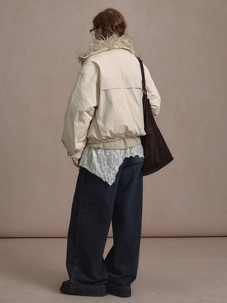 Dark Gray/Beige Cozy Short Down Jacket Fur Faux with Detachable Collar