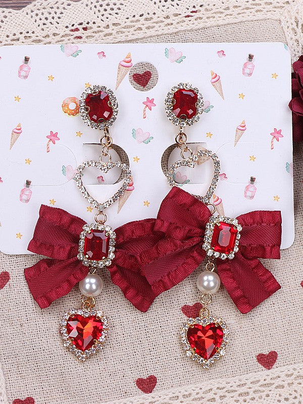 Bowknot Trim Earrings Rhinestone Red Heart Jirai Ruffle Kei