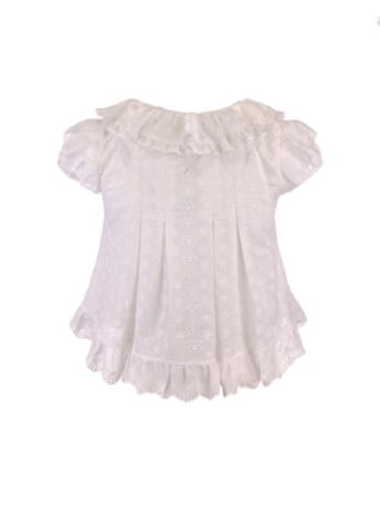 Blouse With Embroidered Trim White Dollcore Floral Bow Ruffle
