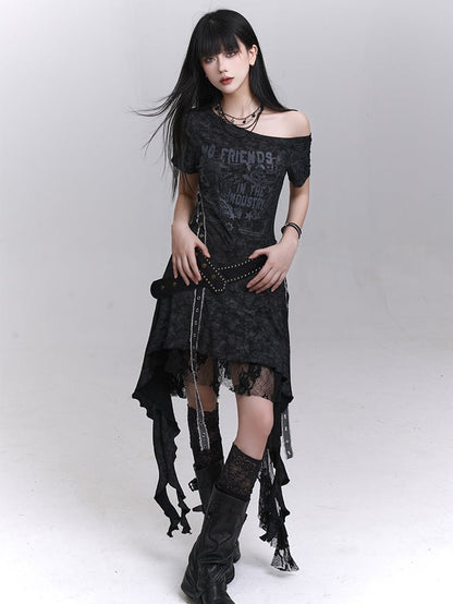 Belt Asymmetrical Neckline Cascading Ruffles Gray/Black Dress with Tie Dye Waist