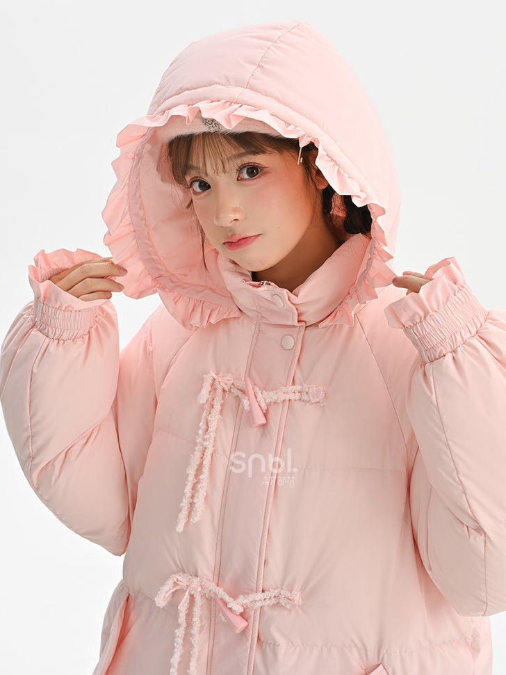 Rosa Daunenmantel mit Kapuze, Schleife und Horn-Knopf