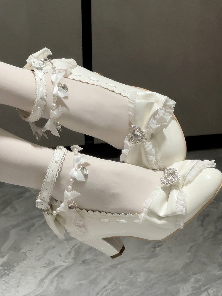 Crystal-Adorned Mid Heel Shoes with Butterfly Bow & Pearl Chain Elegant - Pastry Chef Lolita