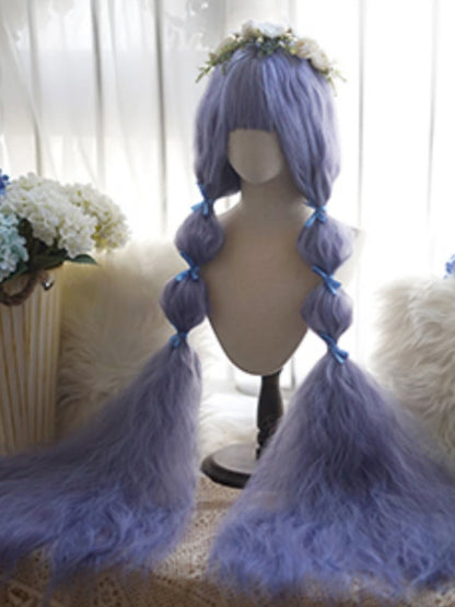 Lila lange lockige Perücke mit vollem Pony