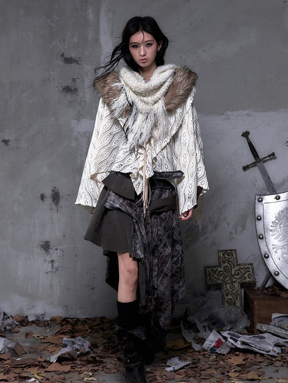 with Punk Y2K Hem Cape Collar Fur Shawl Handkerchief Knit Faux Beige Vintage