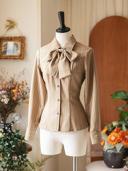 Bowtie Khaki Long with Elegant Striped Shirt Sleeves