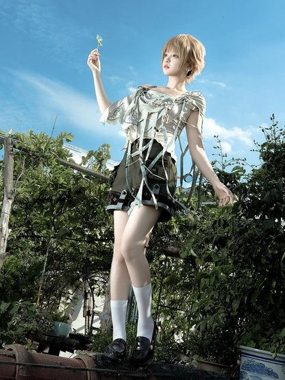 White Sleeveless Top + Asymmetrical Cutout Cape + Dark Green Multi-Button Shorts Set - Unknown Star