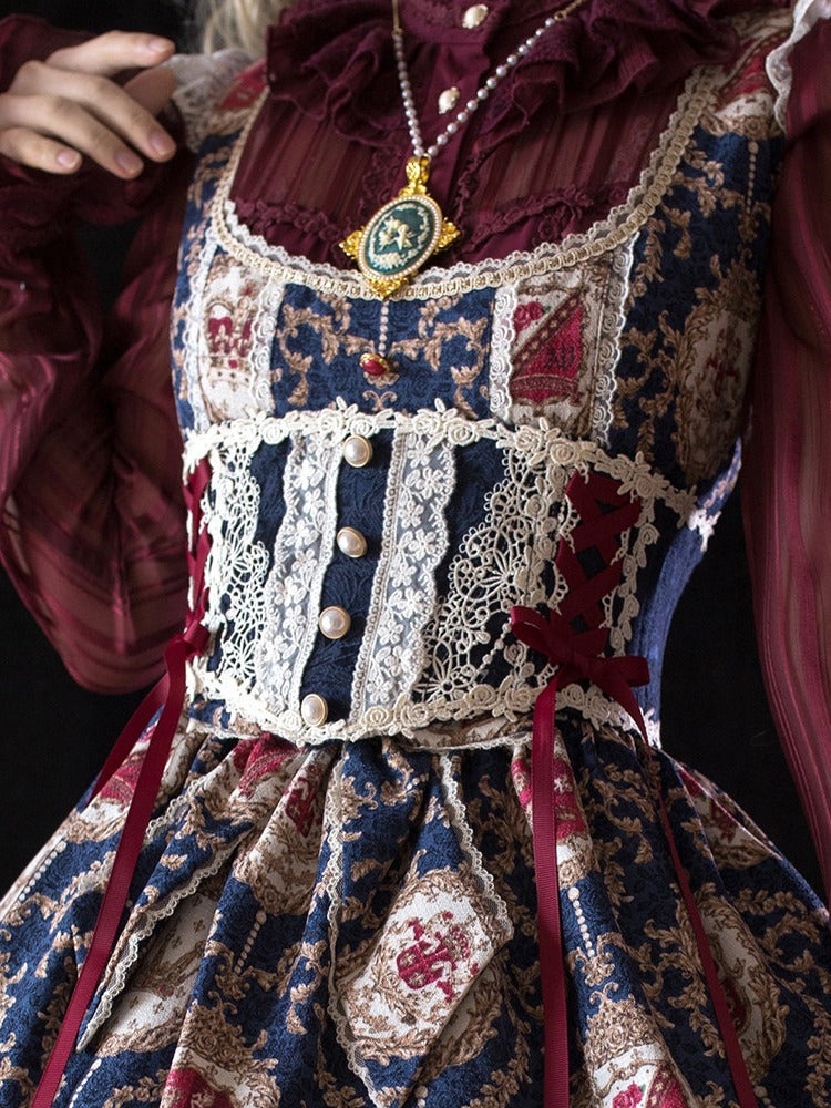 Blue & Red Lolita Corset with Lace and Pearls - Miss Point