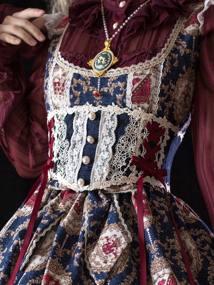 Blue & Red Lolita Corset with Lace and Pearls - Miss Point