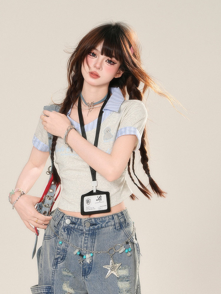 Glamorous Two-pieces Tag Style Faux Cropped T-Shirt with Name Grey Preppy Free Badge