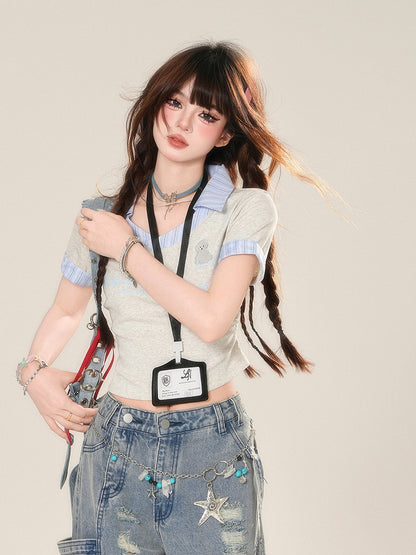 Glamorous Two-pieces Tag Style Faux Cropped T-Shirt with Name Grey Preppy Free Badge