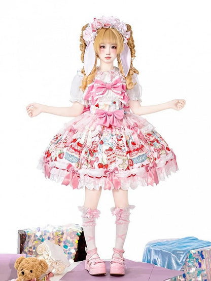 Akzente Druck mit Schleife Erdbeere und Süßkirsche Rosa Lolita Mode Kleid Licht