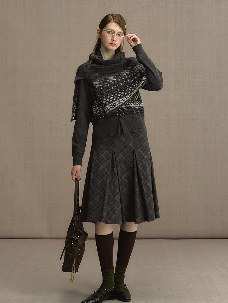 Vintage Fair Isle Jacquard Shawl- Cozy High Neck Pullover for Fall/Winter Dark Gray