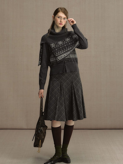 Vintage Fair Isle Jacquard Shawl- Cozy High Neck Pullover for Fall/Winter Dark Gray