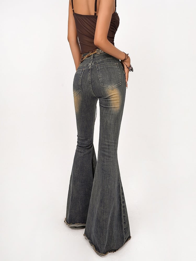 Vintage Detailing Denim Blue Distressed Jeans and Raw Flare with