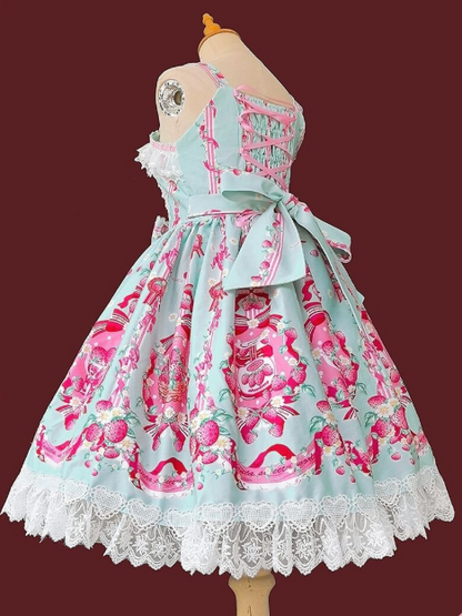 shaped Dress Print Pink Lolita with Strawberry Sweet Blue Trim Heart JSK Lace