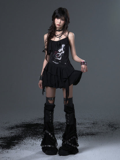 Straps Thin Black Print Slim-fitting Shoulder Top Cami - Floral Ruffled Trim