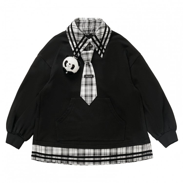 Panda Toy Sweatshirt Black Splicing Plush Plaid with