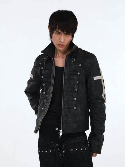Genderless Punk Black Double-Breasted Decorative Faux Leather Jacket with Cross Pattern - DETW OnLine