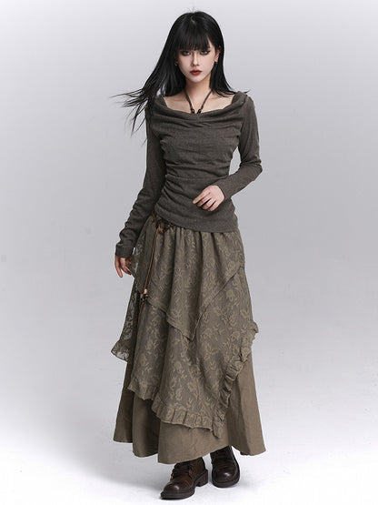 Lace Tiered Elastic Floral Waist Skirt Handkerchief Coffee Hem with