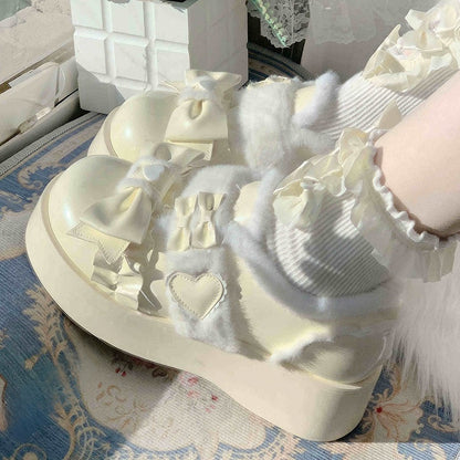 Shoes Heart White PU Platform in Lolita Creamy Sweet Decor - Romantic
