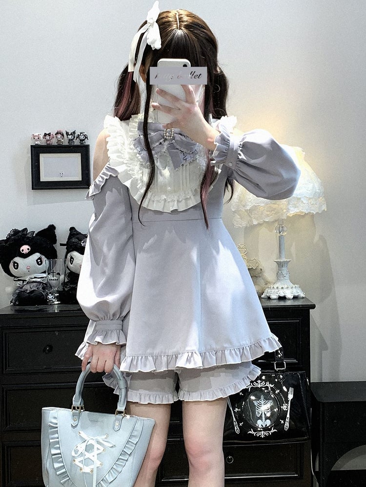 Cutout Jirai Blau/WeißSchwarz/Alle Farben Kei Mit Bluse Schwarz Shorts Schulter Solide