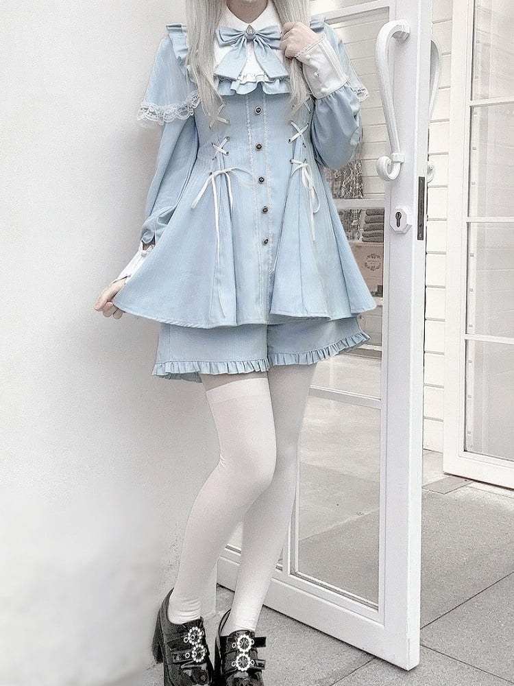 Matching Cape Design Long-Sleeve + Tie Kei Striped Bow Set Lace-Up Shorts Blue Jirai Dress
