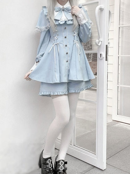 Matching Cape Design Long-Sleeve + Tie Kei Striped Bow Set Lace-Up Shorts Blue Jirai Dress
