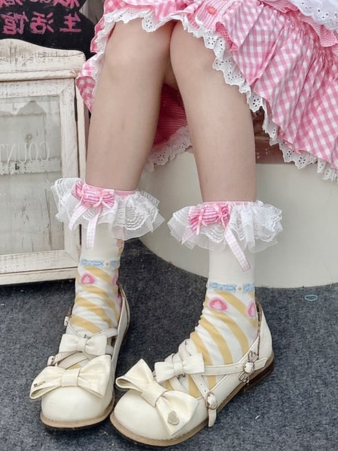 Rosa-gelbe süße Lolita-Wadensocken mit Schleife und Streifenmuster