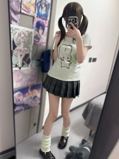 T-shirt Print Jirai Puppy Kei Gray Neck Round