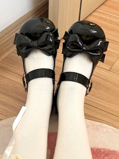 Black Sweet Lolita Low-heel Mary Janes with Teddy Bear Snap & Bow Accents
