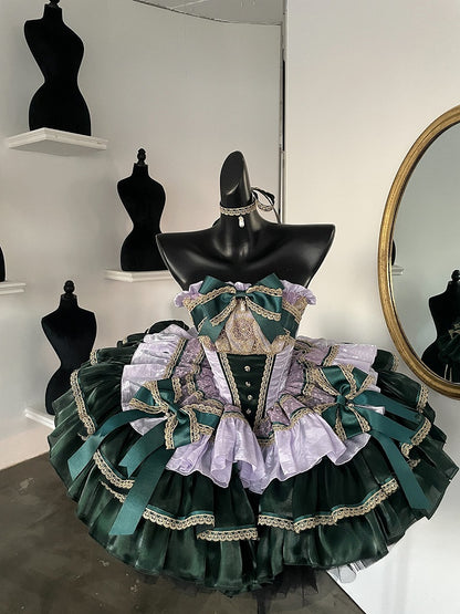 Layers Green Gold Light with Bow Accents and Purple Lace Dress Princess Trim Balletcore