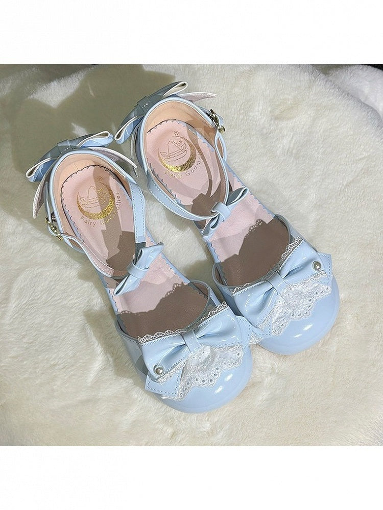 Chic Blue Bow Lace-Trimmed Round-Toe Low Heels - Fairy Godmother