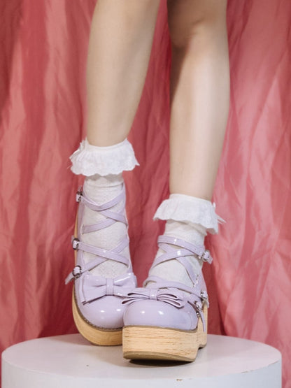 Lolita Design Sweet Purple Platforms Crisscross Round Toe Heels Accents Middle PU - Bow Light